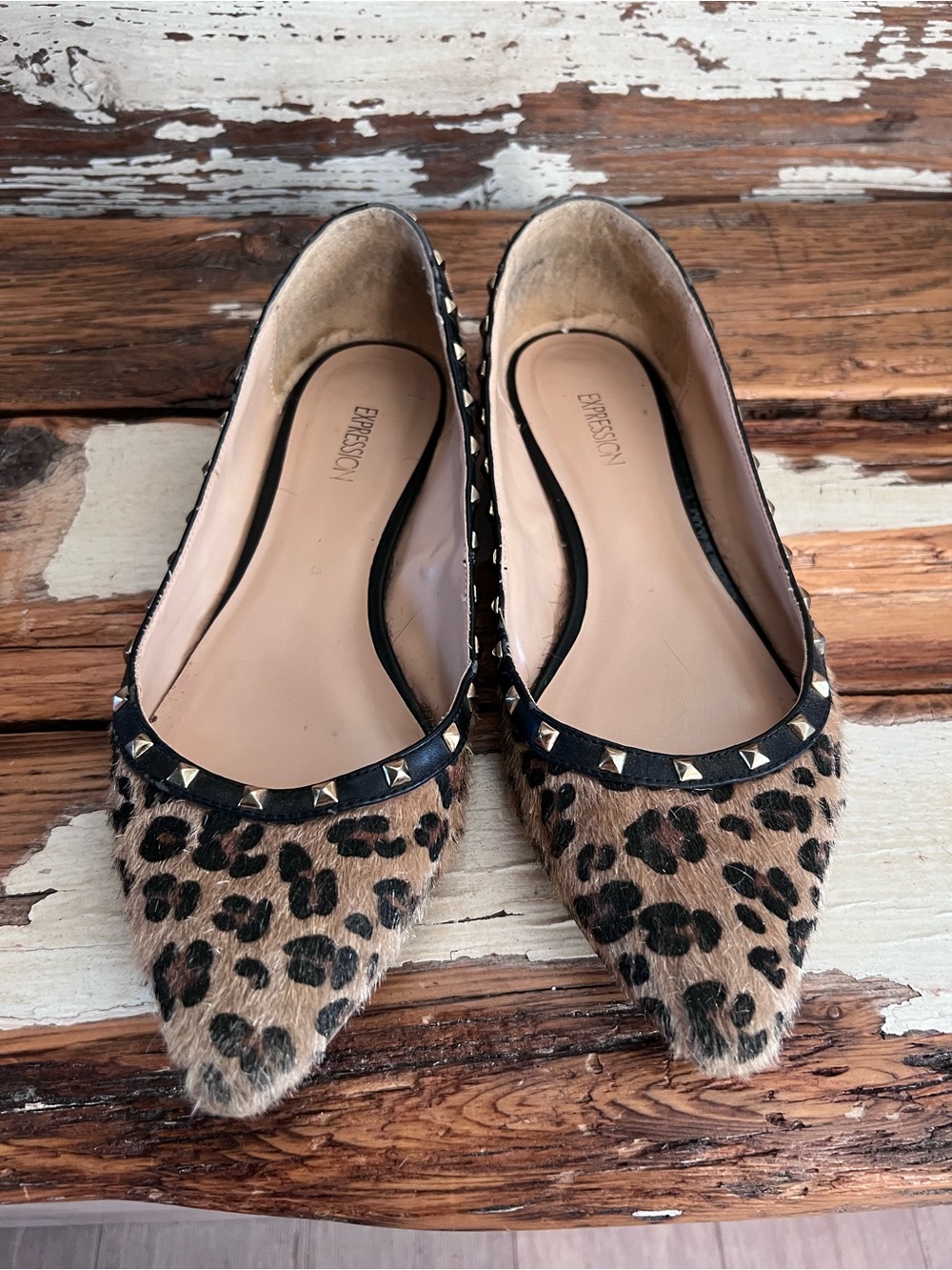 Expressions Leopard-Print Pointed Flats with Studded Black Trim - Brown/Black